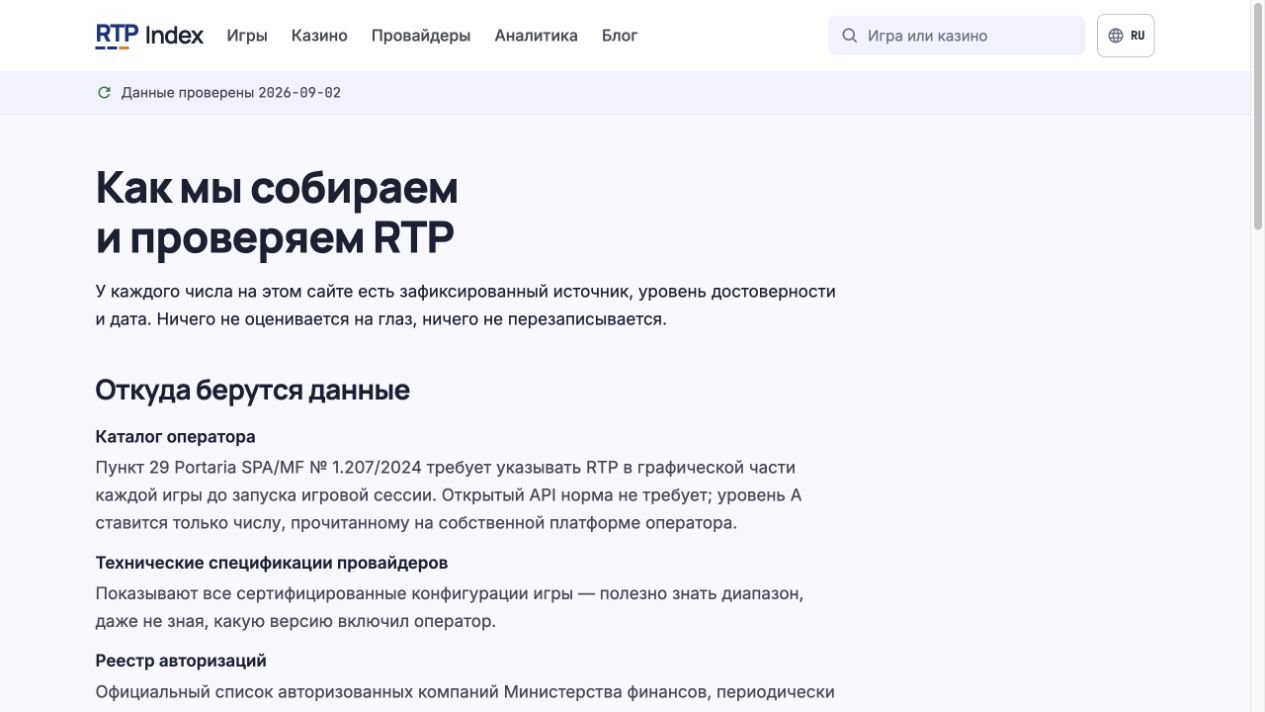 Раздел методологии RTP Index с источниками и уровнями достоверности данных